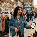 Eine junge Frau mit Jeansjacke und lockigem Haar hält einem Verkäufer auf einem Vintage-Straßenmarkt ihr Smartphone mit QR-Code-Zahlungsbildschirm entgegen. Im Hintergrund sind Kleiderstangen mit Second-Hand-Mode, eine Graffiti-Wand und eine urbane Straßenszene im Abendlicht.