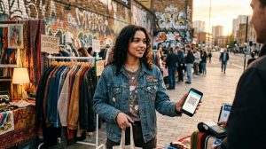 Eine junge Frau mit Jeansjacke und lockigem Haar hält einem Verkäufer auf einem Vintage-Straßenmarkt ihr Smartphone mit QR-Code-Zahlungsbildschirm entgegen. Im Hintergrund sind Kleiderstangen mit Second-Hand-Mode, eine Graffiti-Wand und eine urbane Straßenszene im Abendlicht.