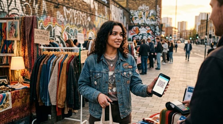 Eine junge Frau mit Jeansjacke und lockigem Haar hält einem Verkäufer auf einem Vintage-Straßenmarkt ihr Smartphone mit QR-Code-Zahlungsbildschirm entgegen. Im Hintergrund sind Kleiderstangen mit Second-Hand-Mode, eine Graffiti-Wand und eine urbane Straßenszene im Abendlicht.