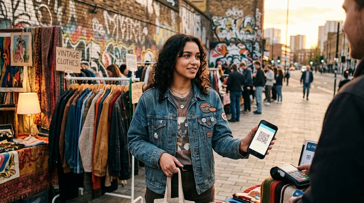 Eine junge Frau mit Jeansjacke und lockigem Haar hält einem Verkäufer auf einem Vintage-Straßenmarkt ihr Smartphone mit QR-Code-Zahlungsbildschirm entgegen. Im Hintergrund sind Kleiderstangen mit Second-Hand-Mode, eine Graffiti-Wand und eine urbane Straßenszene im Abendlicht.