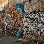 Urbane Backsteinwand in einer Seitenstraße mit zwei gegensätzlichen Wandgestaltungen: links ein großflächiges, farbintensives Mural mit einer weiblichen Figur, Zahnrädern und abstrakten Formen in Blau, Orange und Braun, rechts wilde schwarze Graffiti-Tags auf weißem Untergrund. Im Hintergrund Gründerzeithäuser und Passanten.