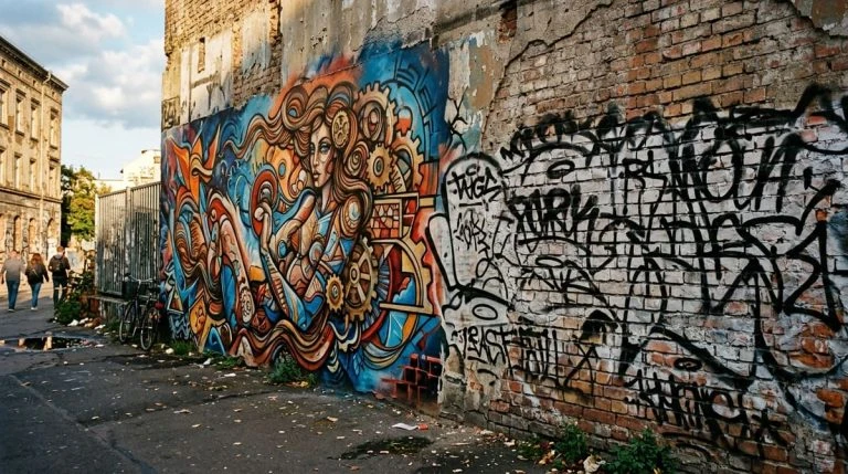 Urbane Backsteinwand in einer Seitenstraße mit zwei gegensätzlichen Wandgestaltungen: links ein großflächiges, farbintensives Mural mit einer weiblichen Figur, Zahnrädern und abstrakten Formen in Blau, Orange und Braun, rechts wilde schwarze Graffiti-Tags auf weißem Untergrund. Im Hintergrund Gründerzeithäuser und Passanten.