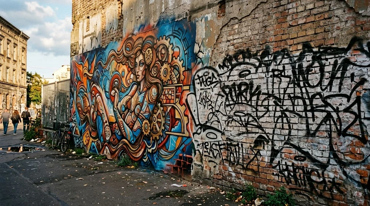 Urbane Backsteinwand in einer Seitenstraße mit zwei gegensätzlichen Wandgestaltungen: links ein großflächiges, farbintensives Mural mit einer weiblichen Figur, Zahnrädern und abstrakten Formen in Blau, Orange und Braun, rechts wilde schwarze Graffiti-Tags auf weißem Untergrund. Im Hintergrund Gründerzeithäuser und Passanten.
