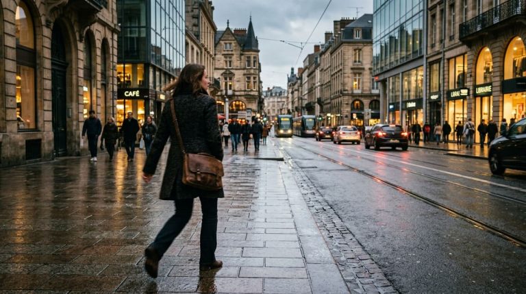 Eine Frau von hinten auf einem nassen Kopfsteinpflaster in einer belebten Stadtstraße, umgeben von historischen Gebäuden, Straßenbahn, Autos und Passanten bei regnerischem Abenddämmerungslicht. Die Straße führt als führende Linie in die Bildtiefe.